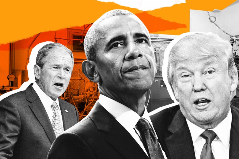 George W. Bush, Barack Obama, Donald Trump, with lab equipment in the background.
